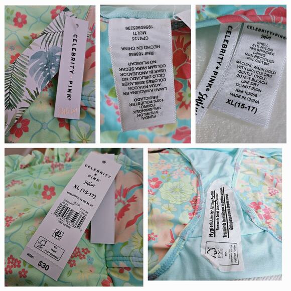 Size XL 15/17 Celebrity Pink Swim Multi-Colored Mismatched Floral One Piece - Picture 12 of 16